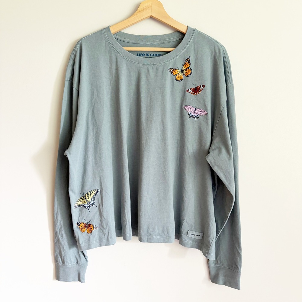 Life is Good Womens Crusher Tee XL Blue Butterfly Graphic Long Sleeve Shirt